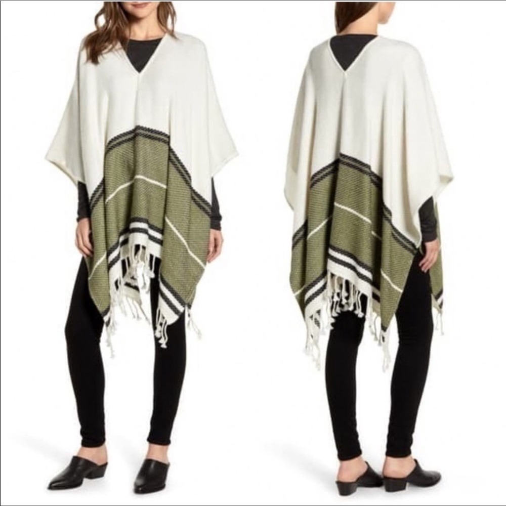 Treasure & Bond Fringe Poncho Striped Boho Jacket Cover Cozy Warm Winter v6x
